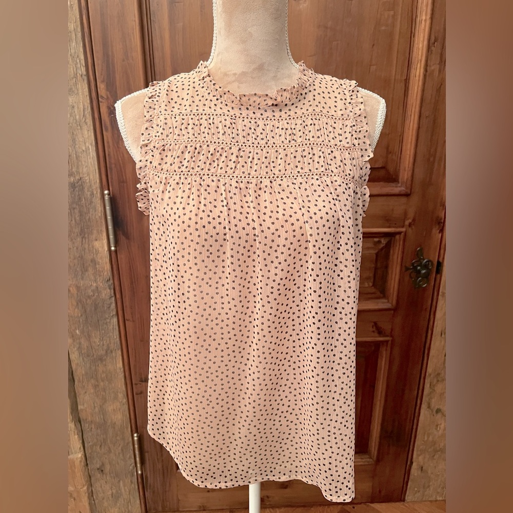 Maurices- light pink/black polka dot sleeveless blouse, ruffles, lace in back.